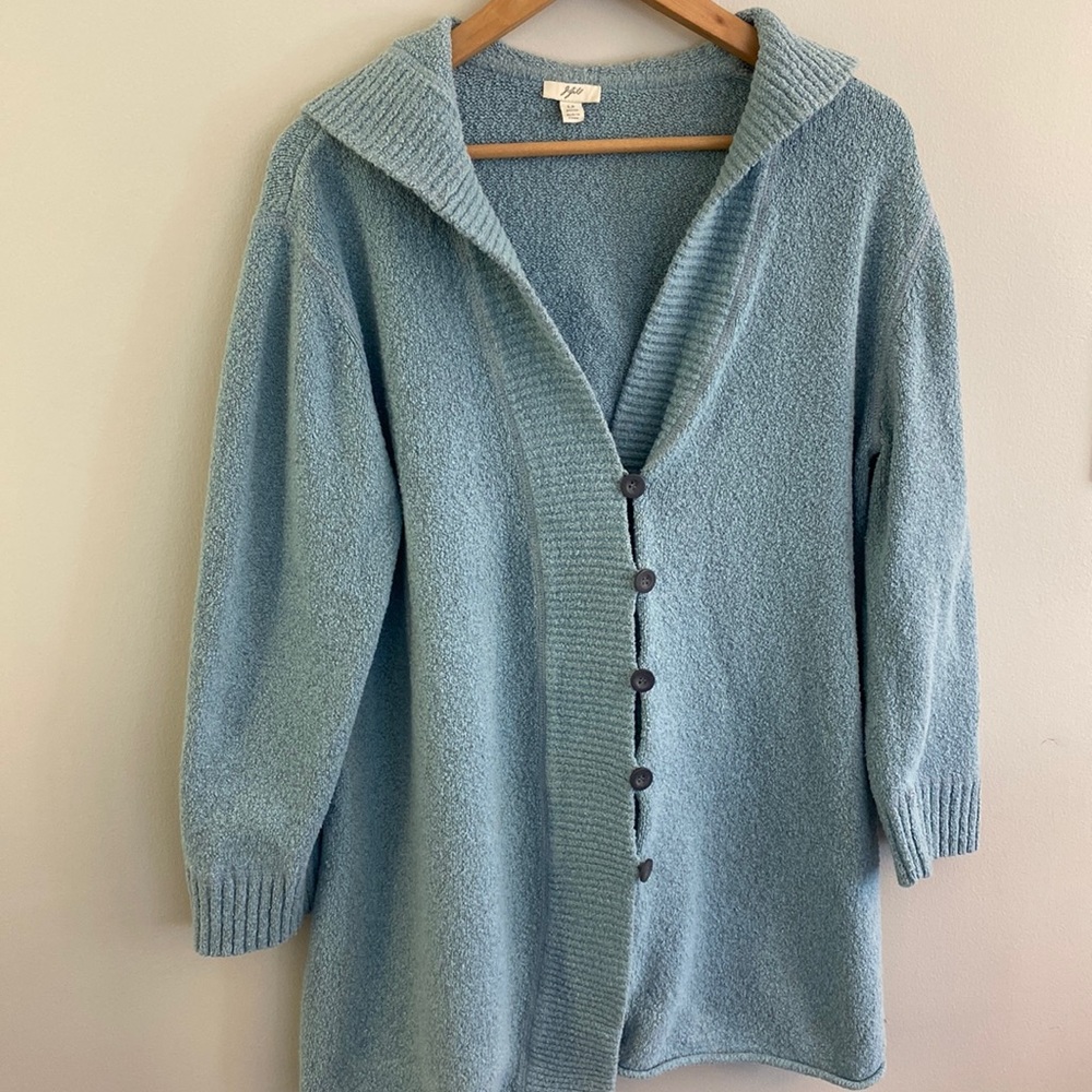 J Jill Long Line Hooded Sweater Blue Textured Button Down 3/4 sleeves SZ MP